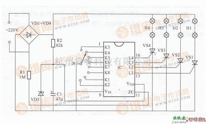 灯光控制中的基于SS0703的四路八模式彩灯控制器电路图  第1张