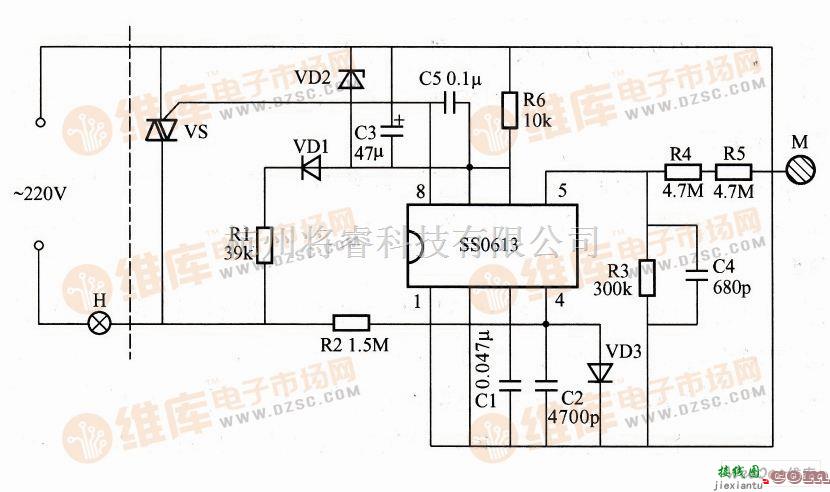 灯光控制中的基于SS0613的触摸式无极调光照明控制器电路图  第1张