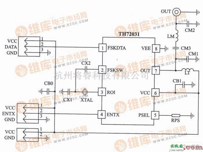 无线发射中的基于TH72031 FSK 915/868 MHz发射器电路图  第1张