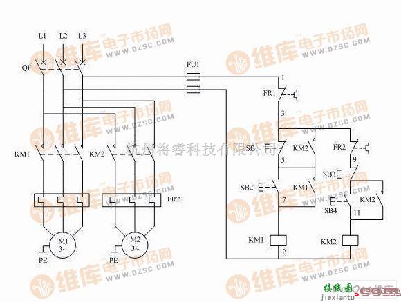 定时控制中的两台电动机顺序停止控制电路图  第1张