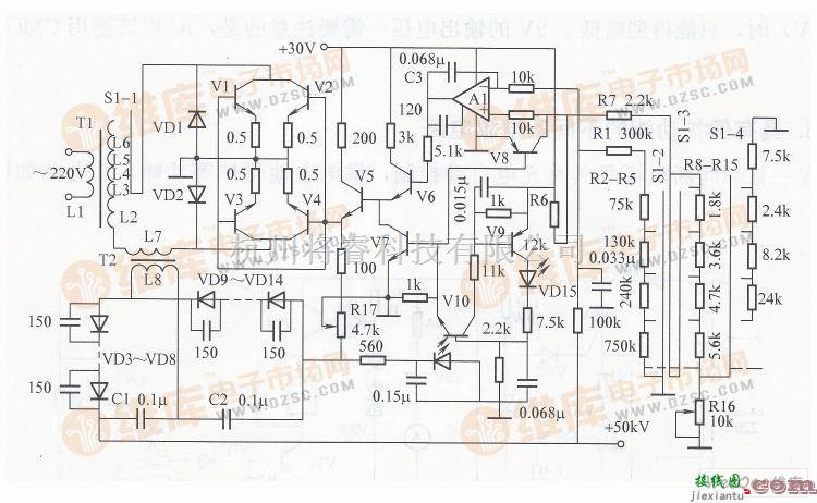 电源电路中的宽范围可调高压电源电路图  第1张