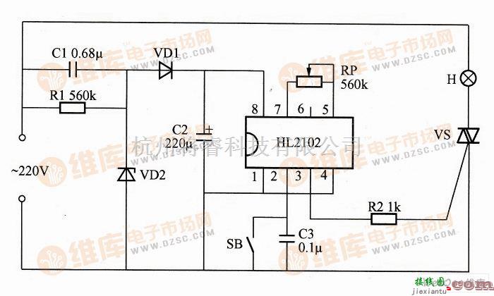 灯光控制中的基于HL2102构成的延时式照明控制器电路图  第1张