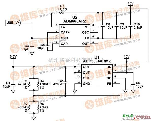 电源电路中的5 V USB电源电压调节至5.5 V电路图  第1张