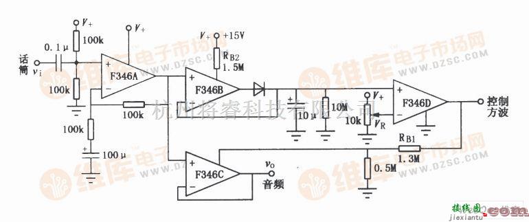 集成音频放大中的由F346构成的程控运放音频启动开关放大电路图  第1张