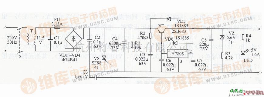 稳压电源中的具有过压保护的5V稳压电源电路图  第1张