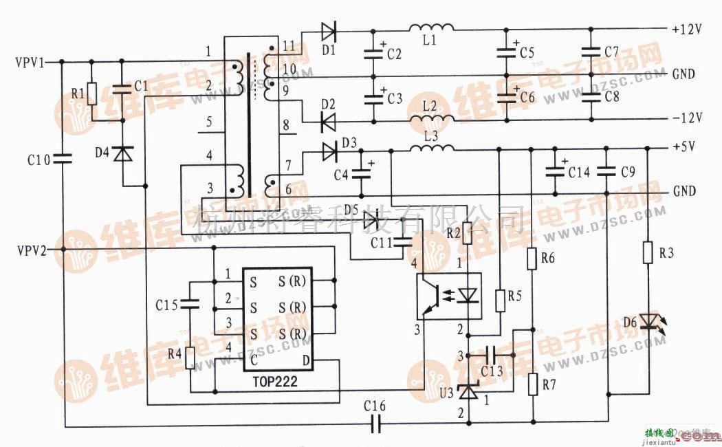电源电路中的基于TOP222的辅助电源系统电路图  第1张
