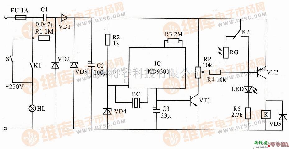 灯光控制中的基于KD9300构成的声、光双控延时照明控制器电路图  第1张