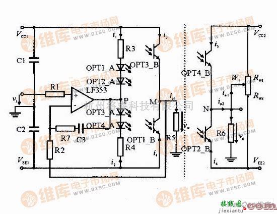 线性放大电路中的隔离放大器的原理电路图  第1张