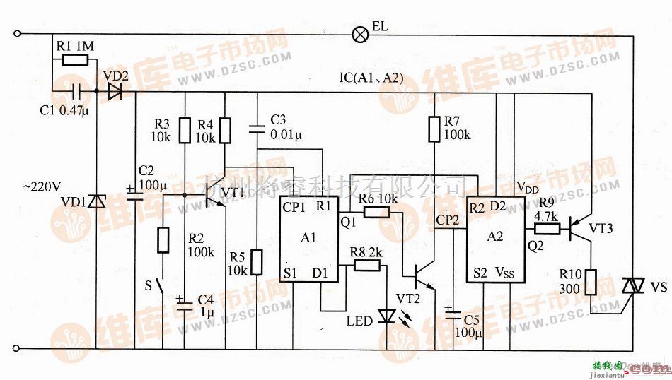 灯光控制中的基于CC4013构成的按钮控制式延时照明控制器电路图  第1张