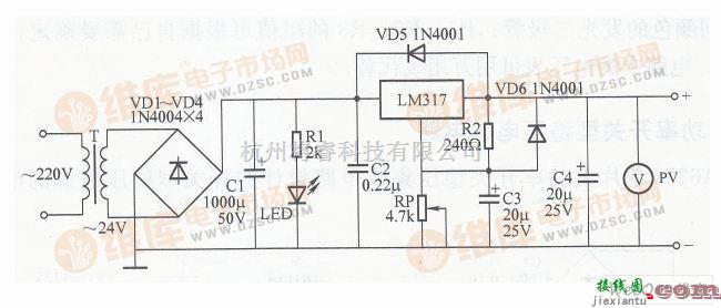 稳压电源中的简易可调稳压电源电路图（一）  第1张