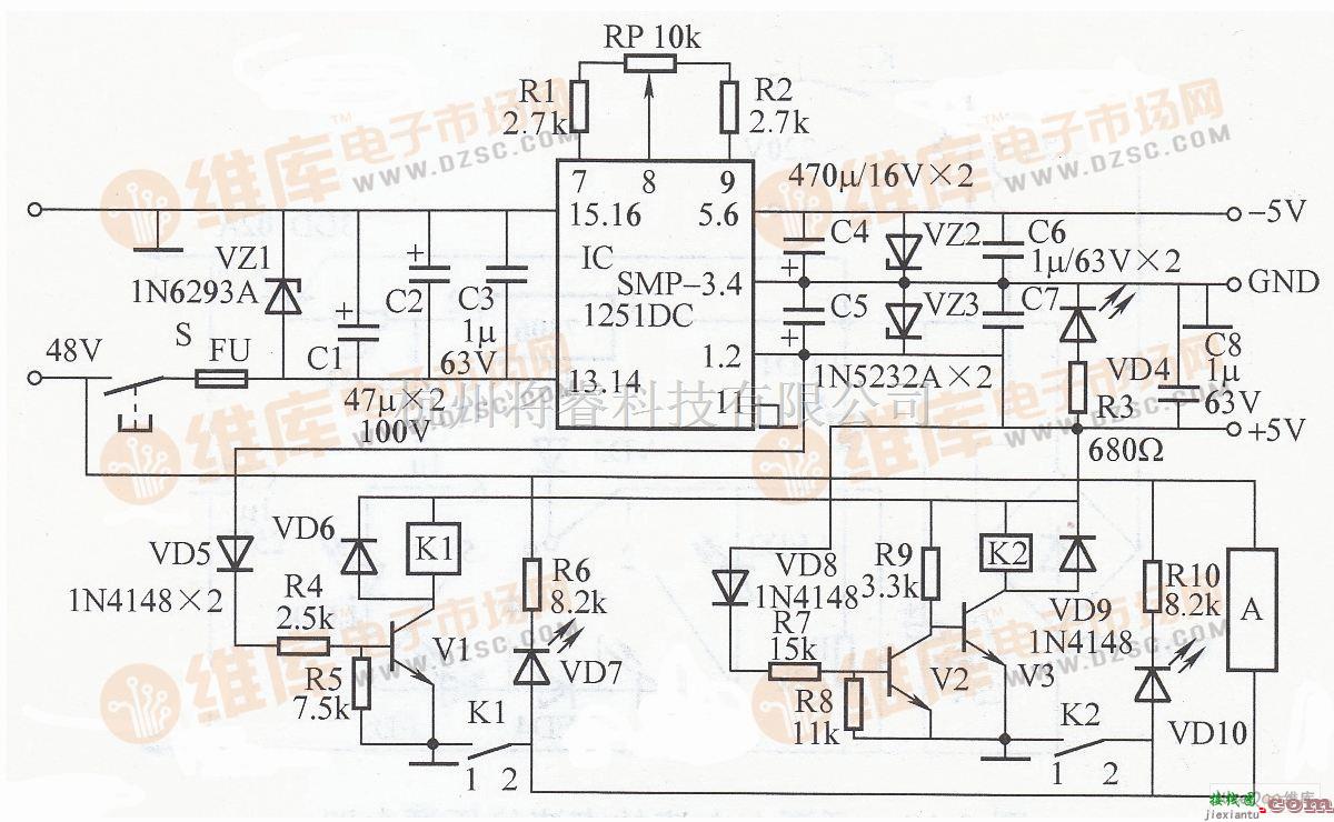 稳压电源中的对称输出的5V电源稳压器电路图  第1张