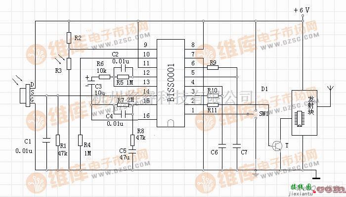 超声波传感器中的基于BISS0001的热释电红外无线感应器应用电路图  第1张