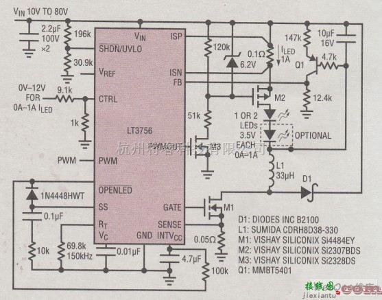 LED电路中的基于LT3756的80VIN降压模式LED驱动器电路图  第1张