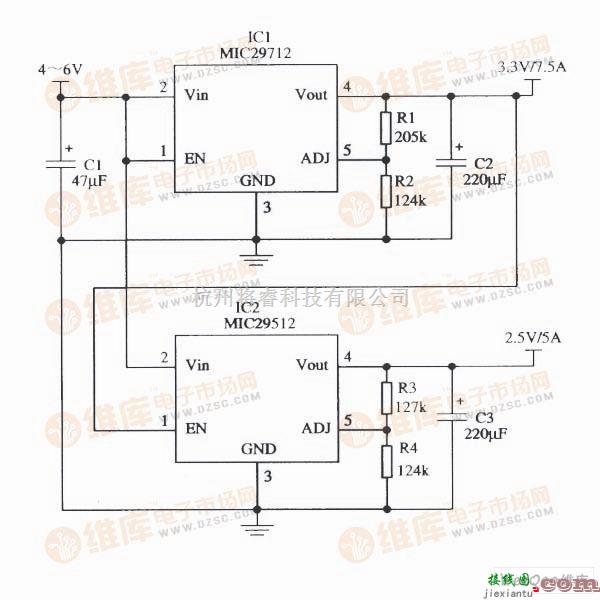 由MIC29712和MIC29512构成的双路具有输出时序的稳压器电路图  第1张