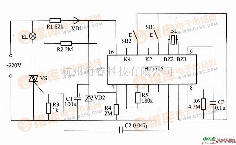 灯光控制中的基于HT7706构成的按键式无极调光照明控制器电路图  第1张