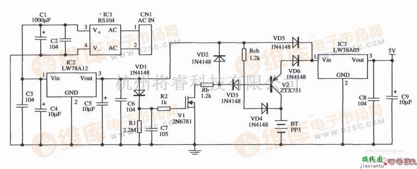 电源电路中的由LW78A12组成的内含稳定的瞬时备用的5V电源的应用电路图  第1张