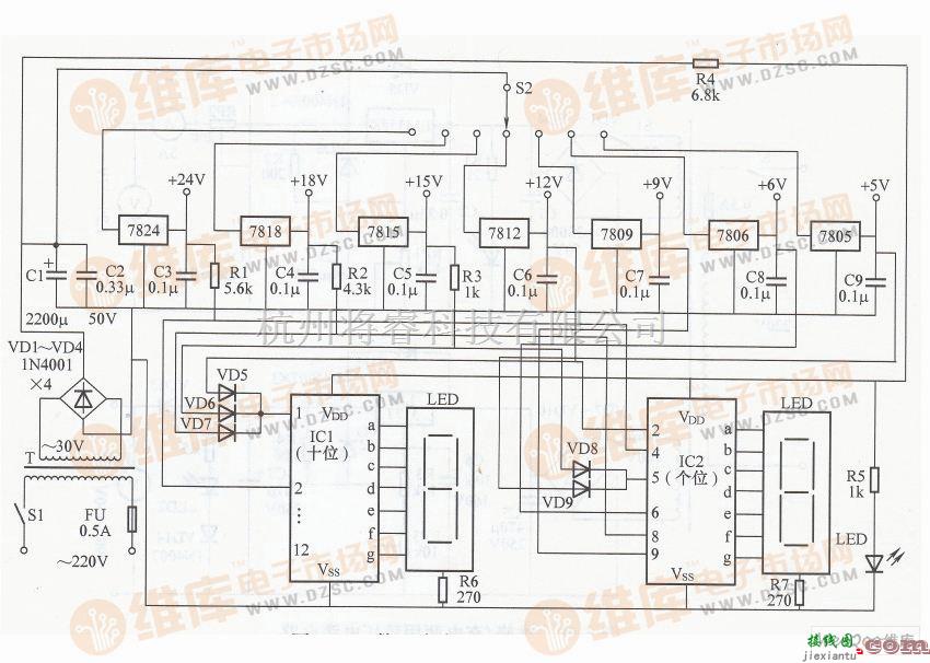 稳压电源中的数显式多用途稳压电源电路图  第1张