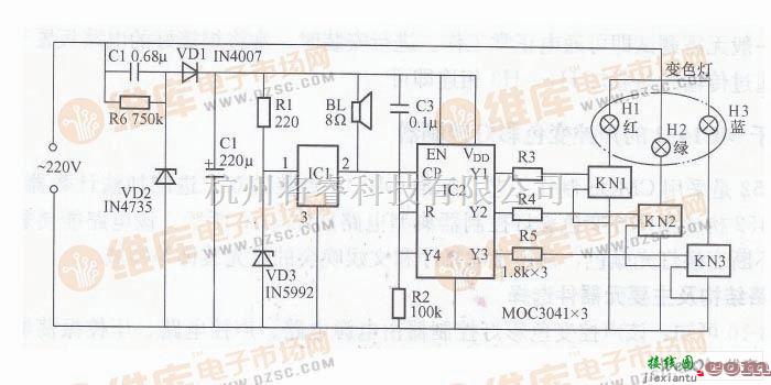 灯光控制中的基于C180的声控变色彩灯控制器电路图  第1张