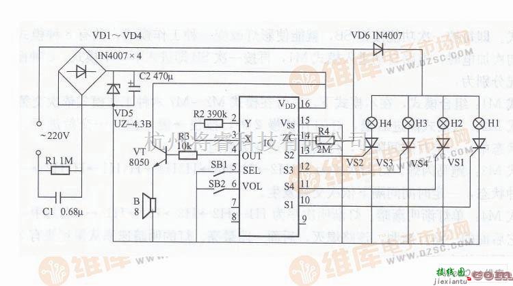 光电电路中的利用SC3160构成的四路双音多功能彩灯控制器电路图  第1张