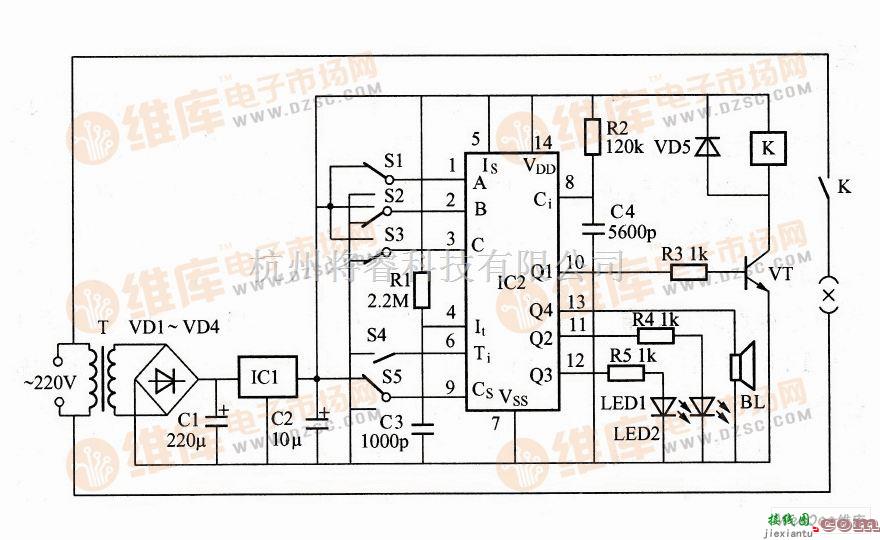 定时控制中的利用XM109构成的小家电定时控制器电路图  第1张