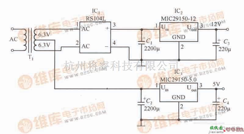 稳压电源中的MIC29150-12和MIC29150-5.0稳压器构成的低成本的双路输出的稳压器电路  第1张