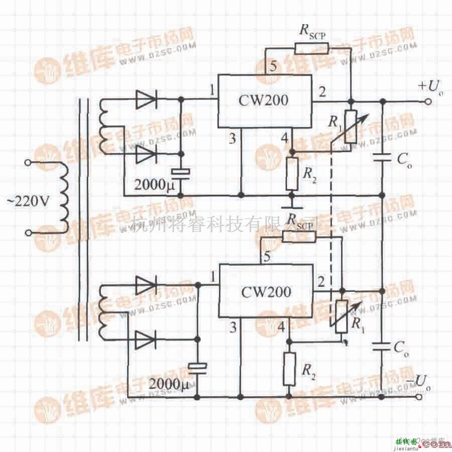 稳压电源中的由CW200构成的正、负输出电压集成稳压电源电路  第1张