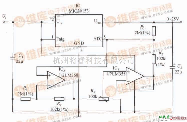 稳压电源中的MIC29153构成的输出电压0～25V连续可调的稳压器电路  第1张