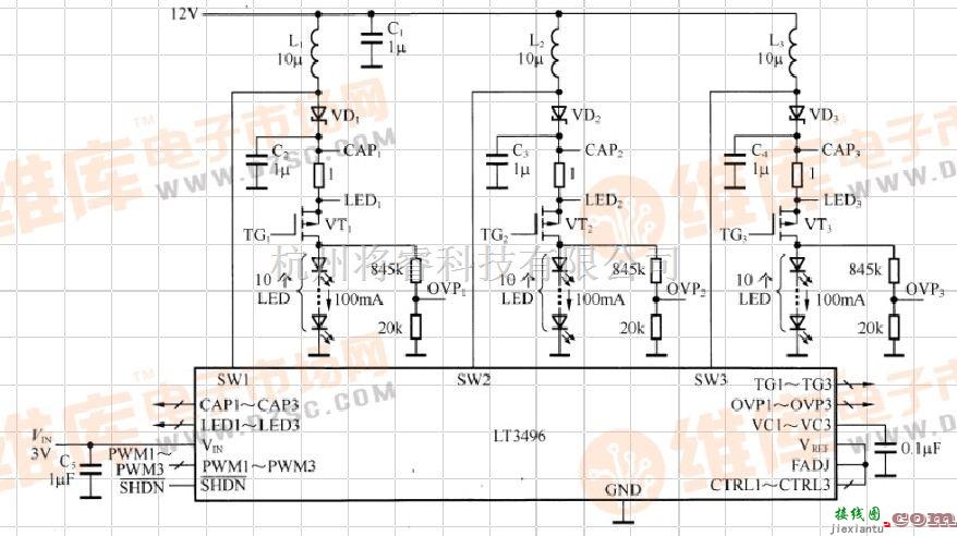 LED电路中的基于LT3496的三通道升压型 LED驱动电路图  第1张