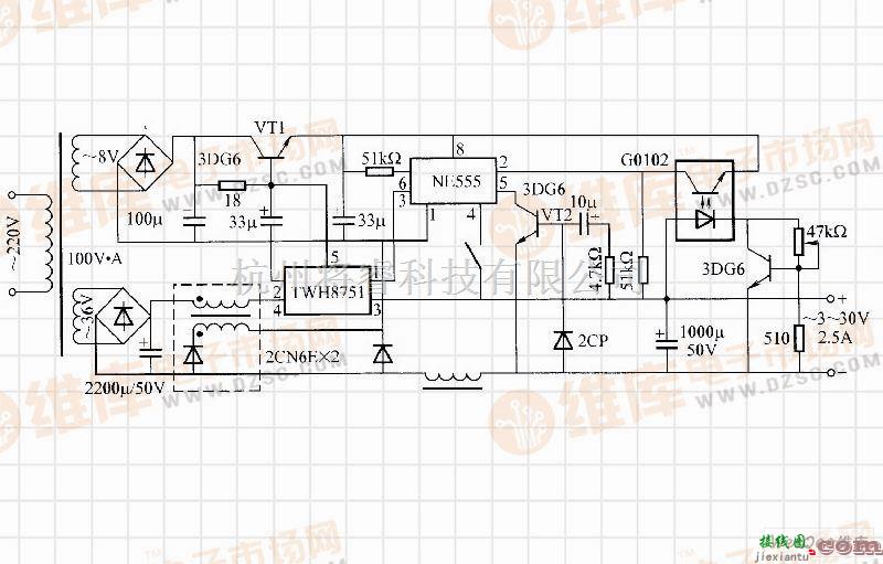 开关稳压电源中的用NE555和TWH8751构成的开关电源电路  第1张