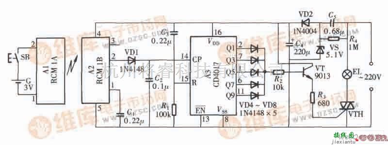 开关电路中的无线电遥控照明开关(CD4017、RCM1)电路  第1张