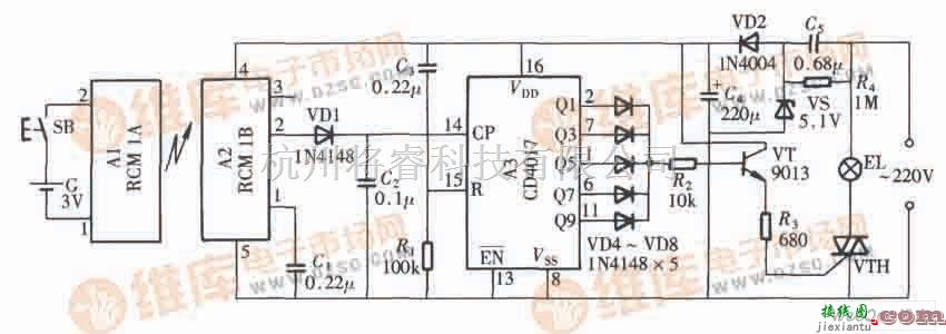 开关电路中的无线电遥控照明开关(CD4017、RCM1)电路原理与设计  第1张
