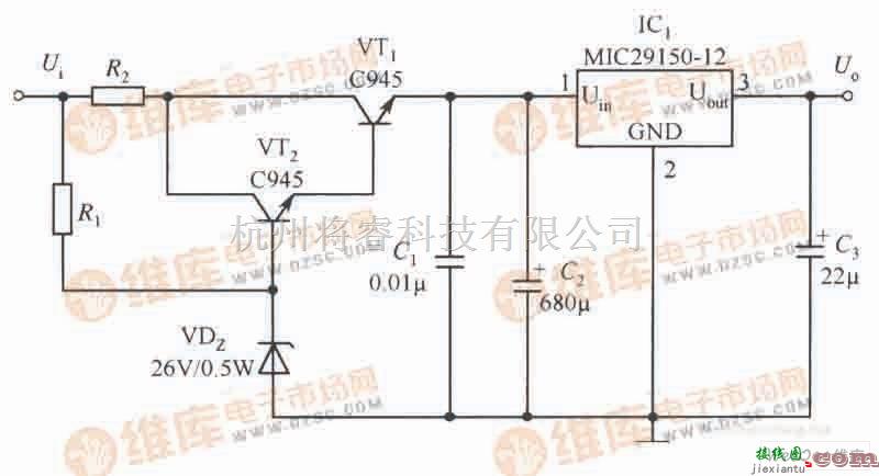 稳压电源中的MIC29150-12构成的具有宽输入电压范围的稳压器电路  第1张