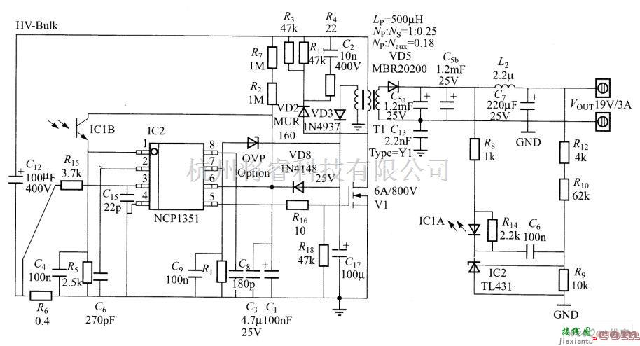 电源电路中的NCP1351控制的19V、3A NOTEBOOK适配器电源电路图  第1张