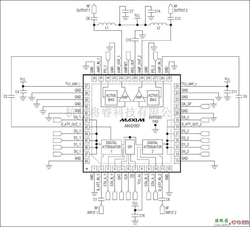 射频放大器电路中的MAX2063典型应用电路  第1张