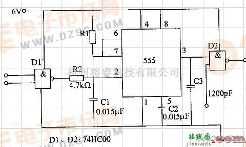 数字电路中的由74HC00和555组成的单稳触发电路图  第1张