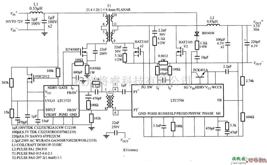 DC-DC中的LTC3725与LTC3706共同组成的48~3.3V、30A的DC/DC电路  第1张