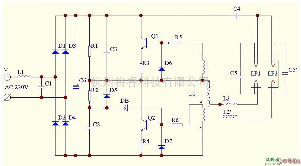 LED电路中的常见双管节能灯电路原理图  第1张