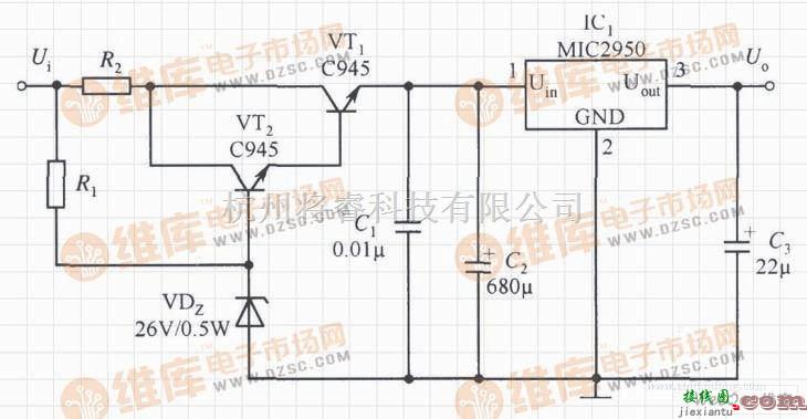 稳压电源中的提高MIC2950的输入电压范围的稳压器电路  第1张