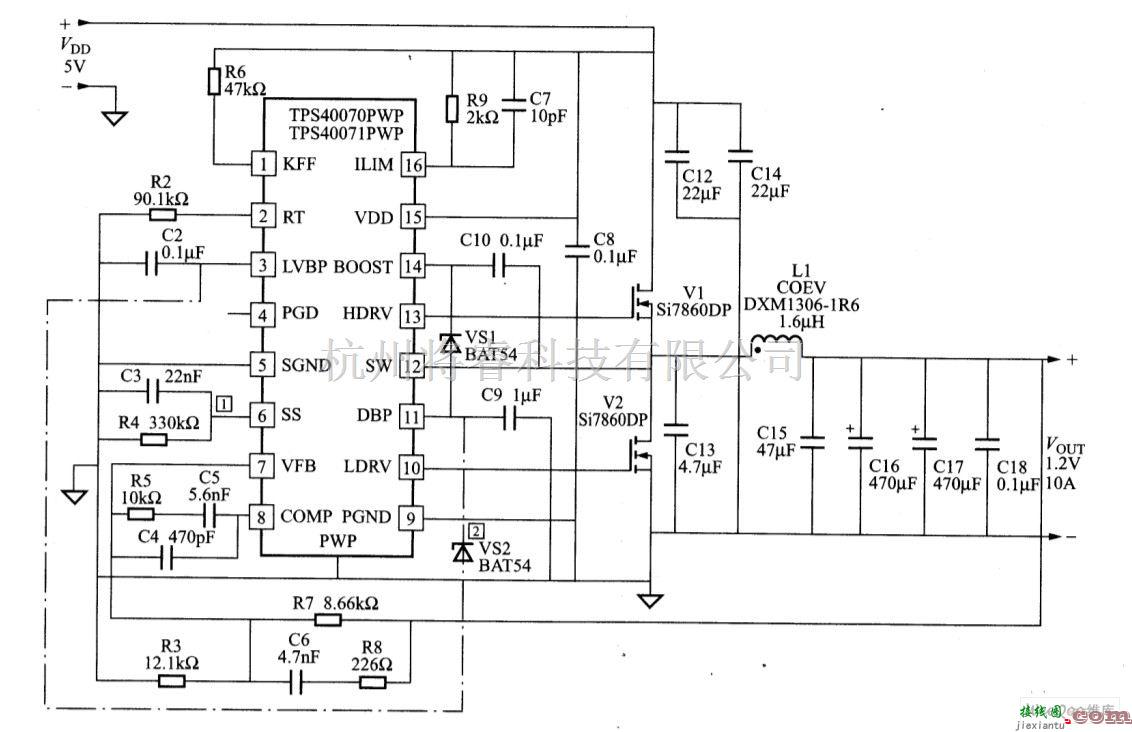 电源电路中的采用TPS40071的f＝500kHz、5V输人、1.2V输出的应用电路图  第1张