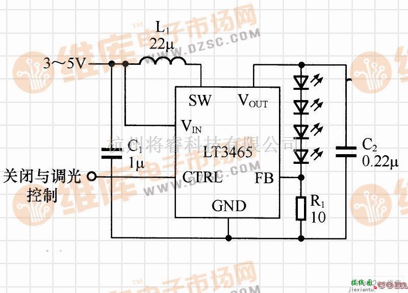 LED电路中的基于LT3465无须外置肖特基二极管的单串LED驱动电路  第1张