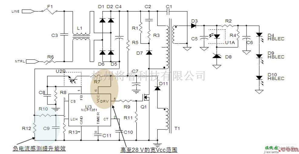 LED电路中的基于NCP1351的8W至25WAC-DCLED照明应用电路图  第1张