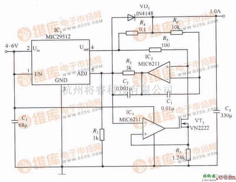 恒流源中的MIC29152构成的输出电流为1.0A的恒流源电路  第1张