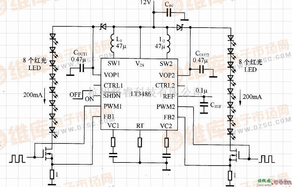 LED电路中的基于LT3486的汽车刹车LED灯驱动电路  第1张