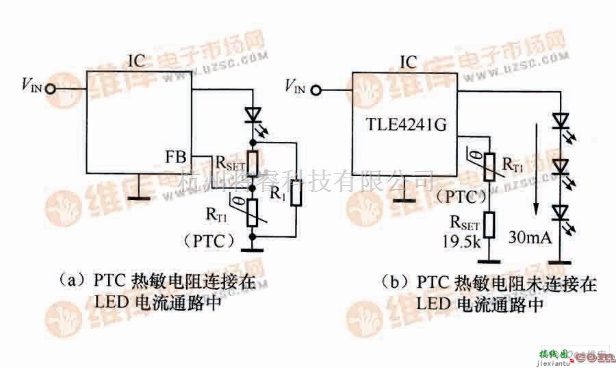 温控电路中的采用PTC热敏电阻控制LED电流电路  第1张