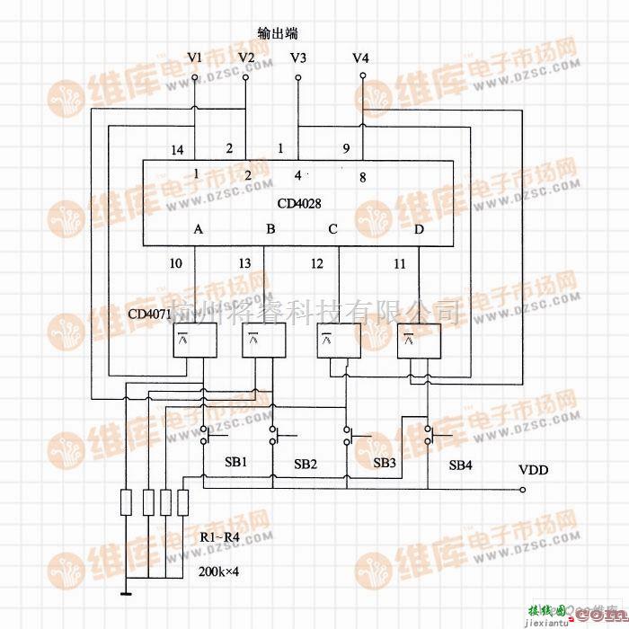 数字电路中的由CD4028和CD4071等组成的四状态锁定电路  第1张