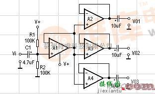 模拟电路中的交流信号三分配放大器电路图  第1张