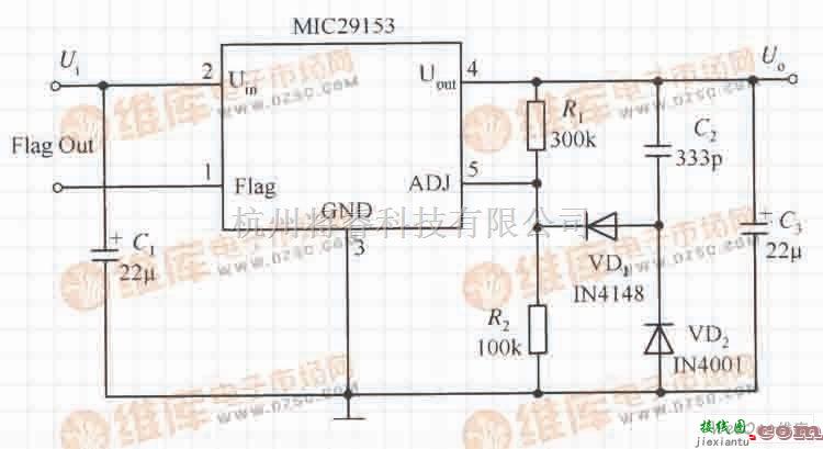 稳压电源中的MIC29153构成的慢启动稳压器电路  第1张