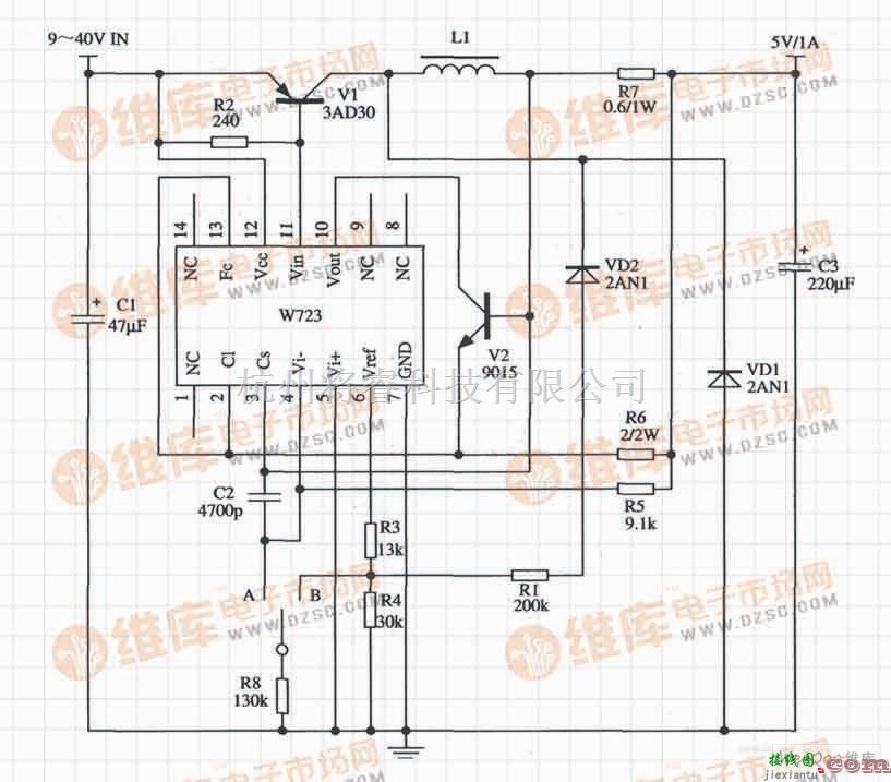 稳压电源中的由W723组成的开关稳压器应用电路  第1张