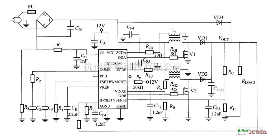 电源电路中的采用UCC28060的两相交互式PFC预调整器电路图  第1张