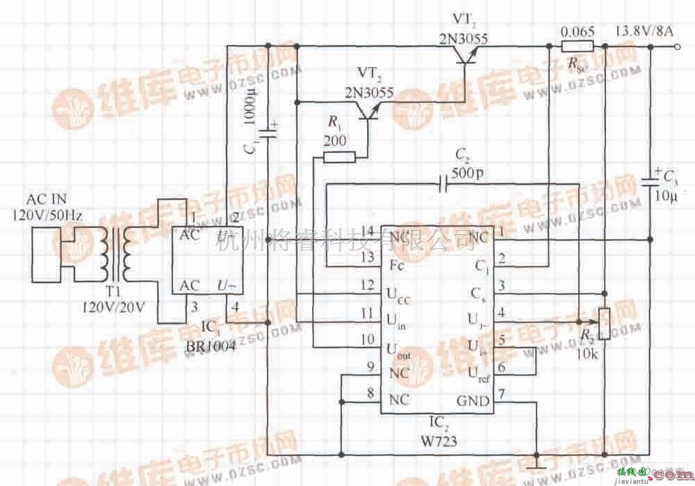 稳压电源中的由W723构成的汽车用的8A直流稳压电源电路  第1张